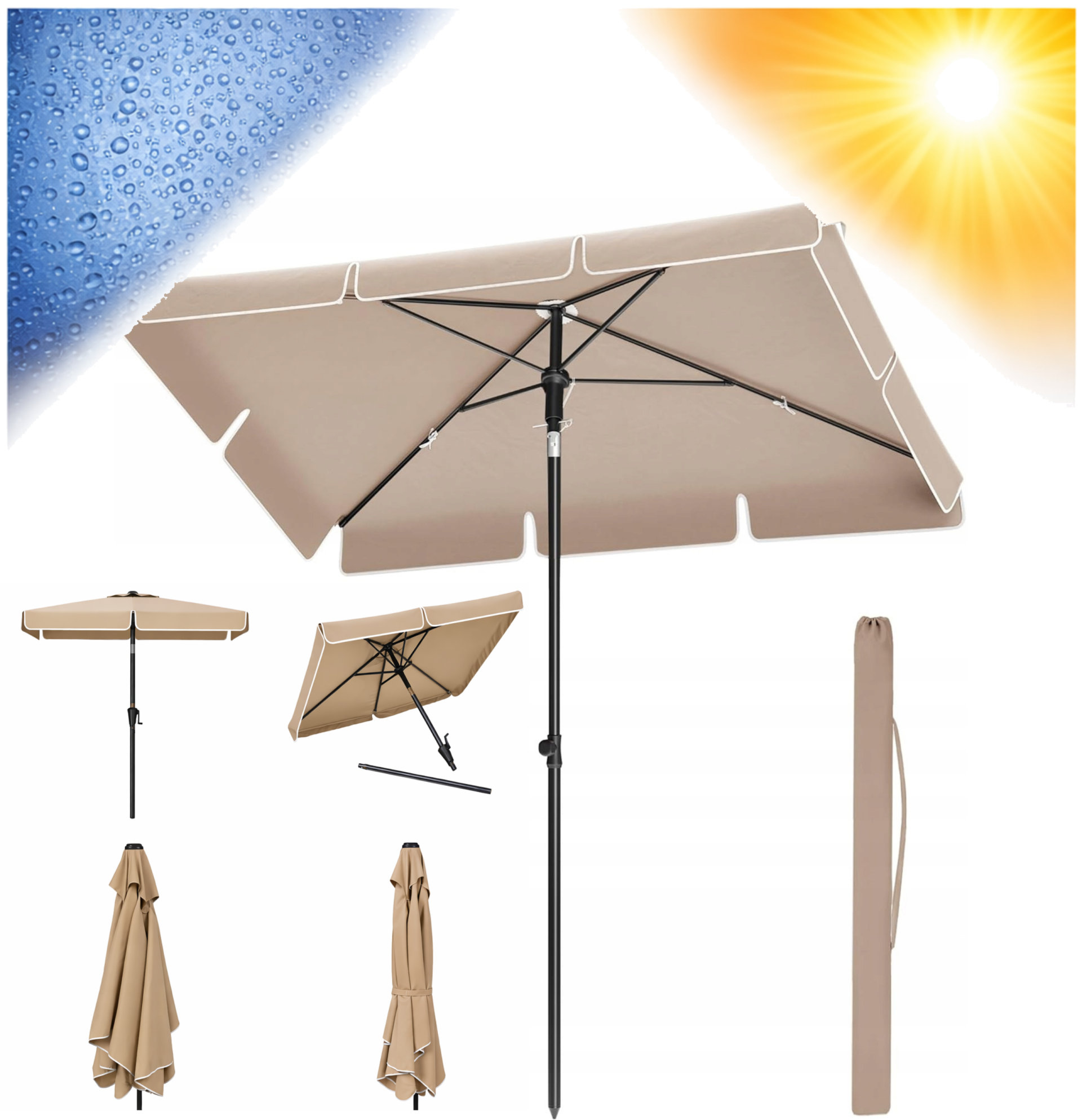 PARASOL OGRODOWY DUŻY UCHYLNY PROSTOKĄTNY BEŻOWY 230x150 cm TARSOWY PATIO