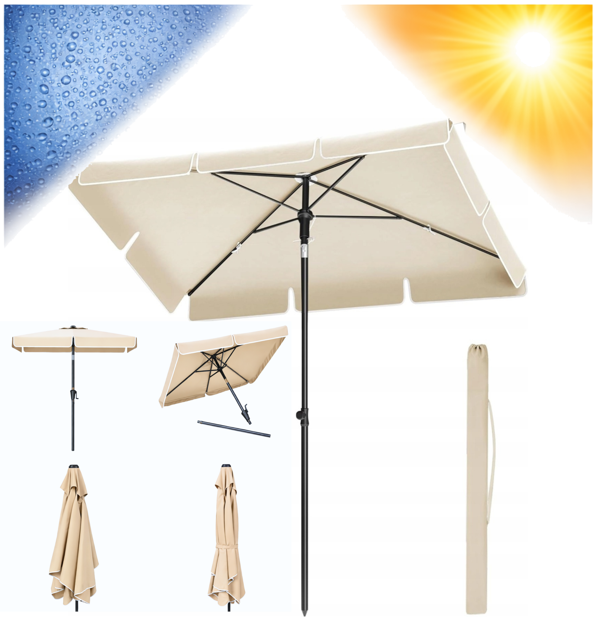 PARASOL OGRODOWY DUŻY UCHYLNY PROSTOKĄTNY BEŻOWY 230x150 cm TARSOWY PATIO