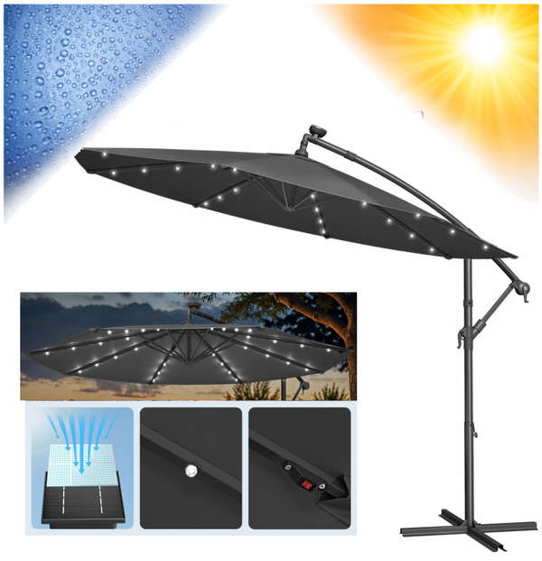 PARASOL OGRODOWY WISZĄCY Z OŚWIETLENIEM LED PANEL SŁONECZNY 300cm PODSTAWA