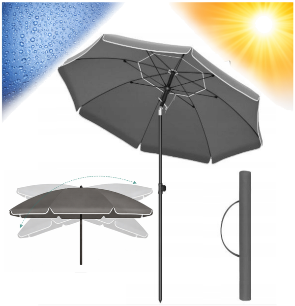 PARASOL OGRODOWY PLAŻOWY 200cm UCHYLNY REGULOWANA WYSOKOŚĆ SZARY POKROWIEC