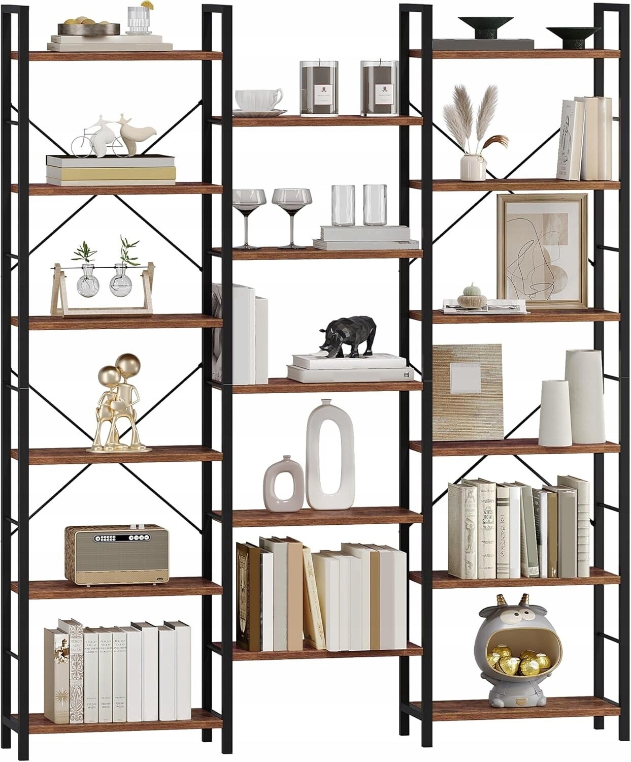 Regał Hzuaneri 17 półek 186 cm rustykalny brąz czarny metalowa rama