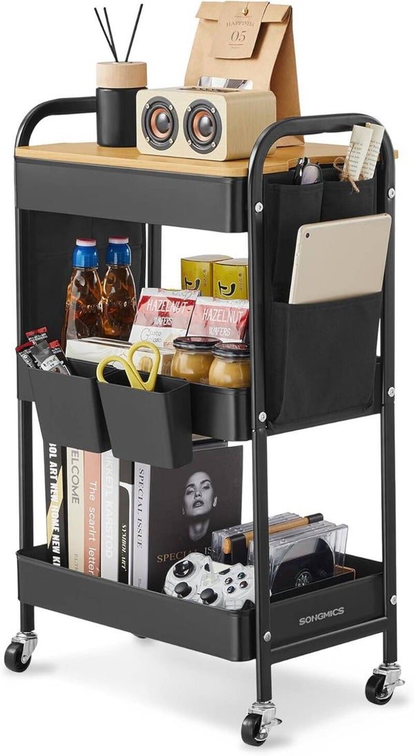 Wózek kuchenny 3 poziomy mobilny wąski kółka obrotowe 360° metalowa rama