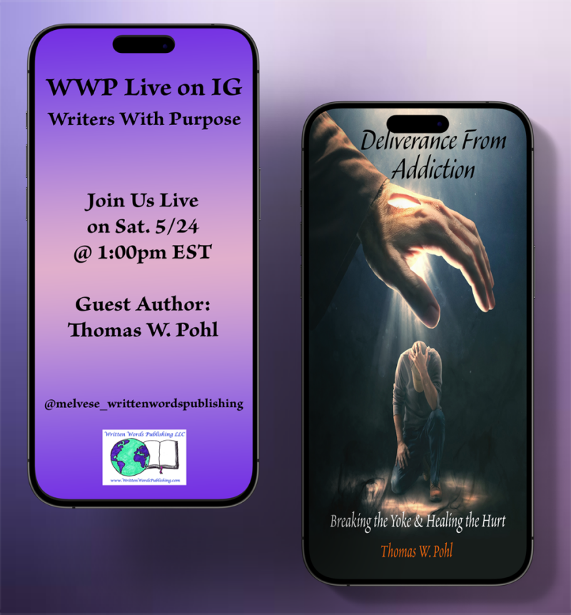 Promo image for Thomas W. Pohl's interview on the "Writers With Purpose" podcast on May 24, 2025.