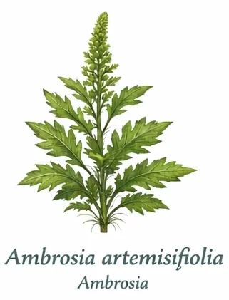 Nauwkeurige botanische illustratie van ambrosia (Ambrosia artemisiifolia) als invasief en allergeen onkruid – boomschors60