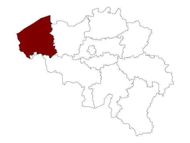 Kaart van West-Vlaanderen met gemarkeerde leveringsregio voor gratis levering van boomschors