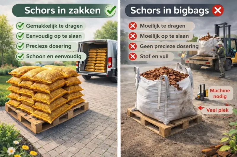 Boomschors in zakken vs bigbags – vergelijking transport en opslag.