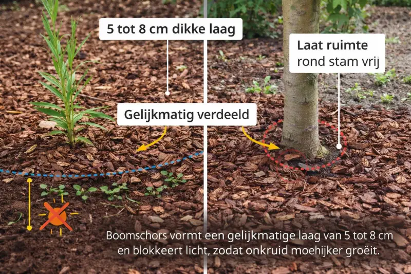 Correct aangebrachte boomschors van 5 tot 8 cm dik, gelijkmatig verdeeld rond planten en met vrije ruimte rond de stam om onkruidgroei te beperken