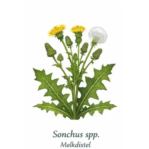 Gedetailleerde illustratie van melkdistel (Sonchus spp.) als hardnekkig tuinonkruid – boomschors60