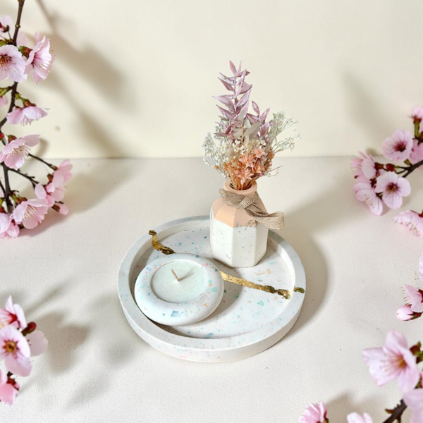 Terrazzo set wit / pastel - ronde schaal, vaasje met droogbloemen en kaars