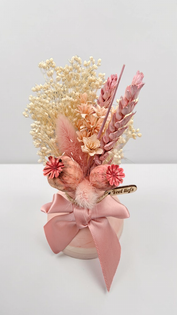 Vaasje met droogbloemen - Veel liefs - roze