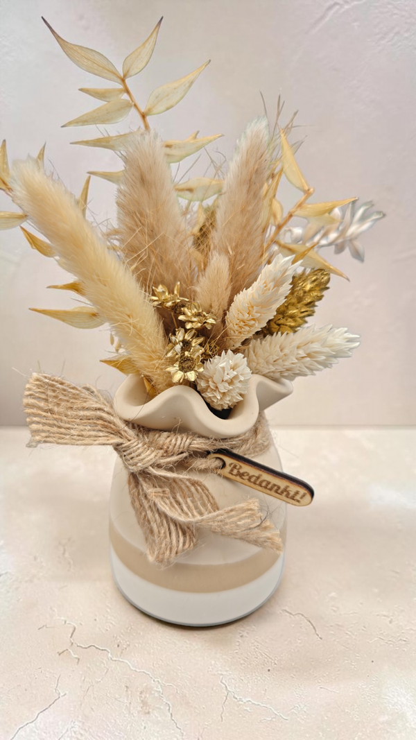 Vaasje met droogbloemen - bedankt! - beige