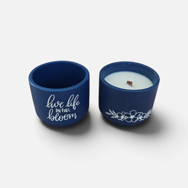 Donkerblauwe potjes keramiek bloempotje en kaars