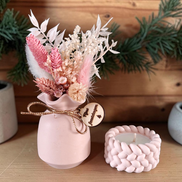 Cadeauset met vaasje, droogbloemen en geurkaars