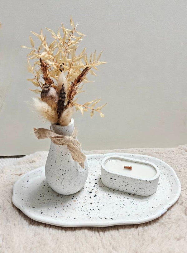Mooie terrazzo cadeauset schaal, vaas en geurkaars