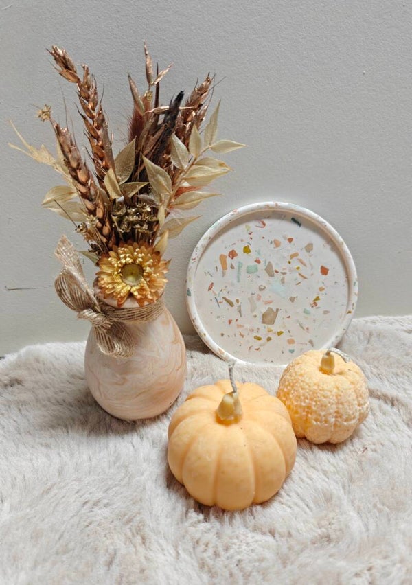 Herfstsetje vaasje, schaaltje en pompoenkaarsen