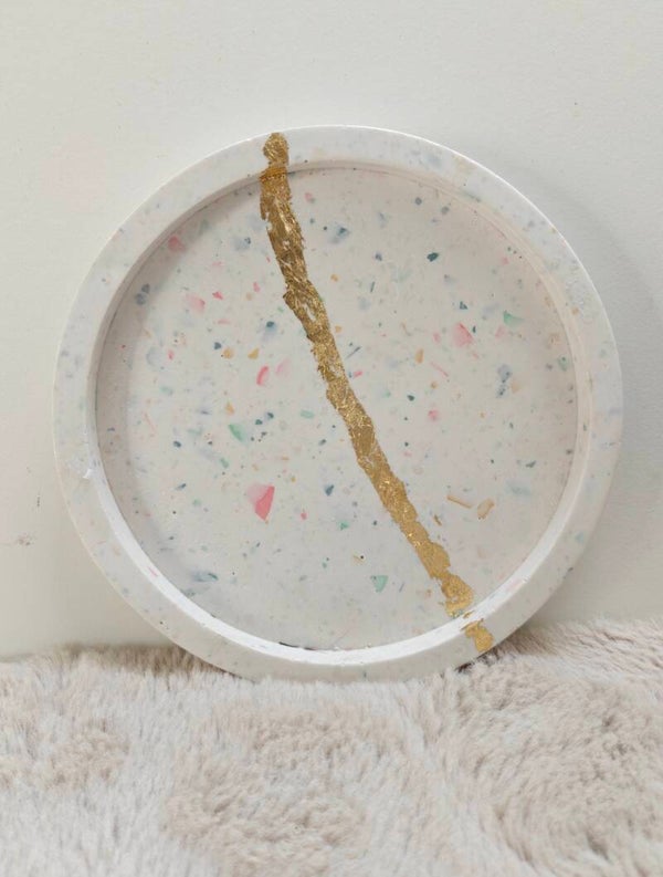 Ronde terrazzo schaal - wit/pastel/goud