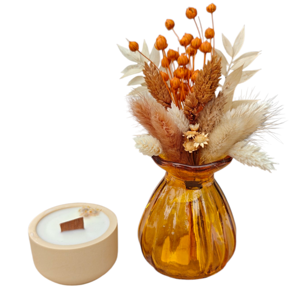 Herfstsetje vaasje met droogbloemen en geurkaarsje oranje