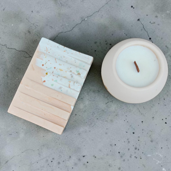 Badkamersetje terrazzo peach - zeephouder en geurkaars