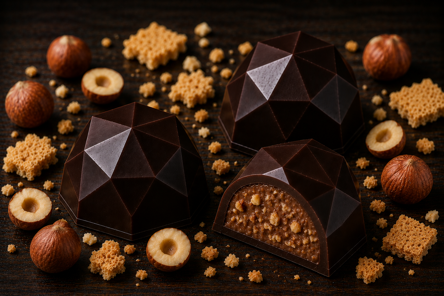 Pralina Diamante - Cioccolato fondente 52% con Crema crunch al cacao e nocciole