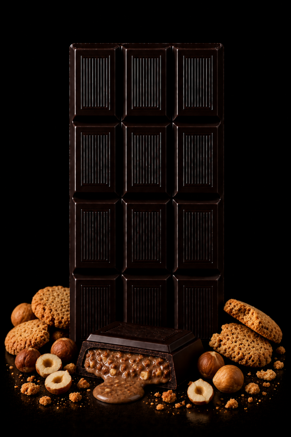 Tavoletta 100g - Cioccolato fondente 52% con Crema crunch al cacao e nocciole