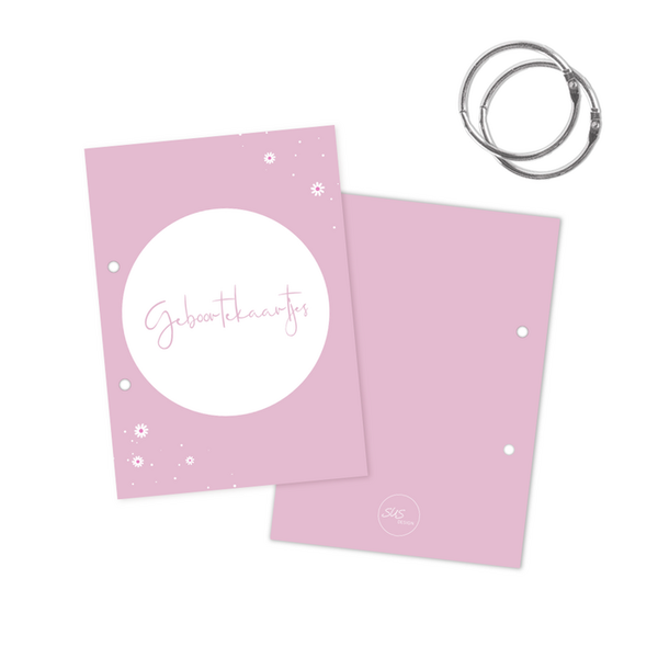 Bewaarbundel geboortekaartjes- lila bloemetjes