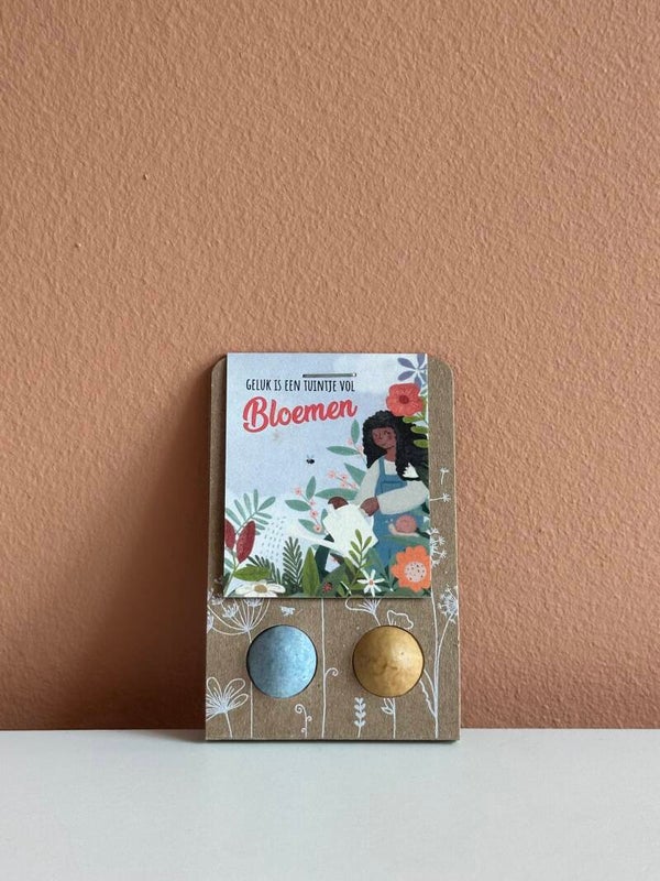 Weggeefcadeautje 'tuintje vol' met 2 bloembommetjes.