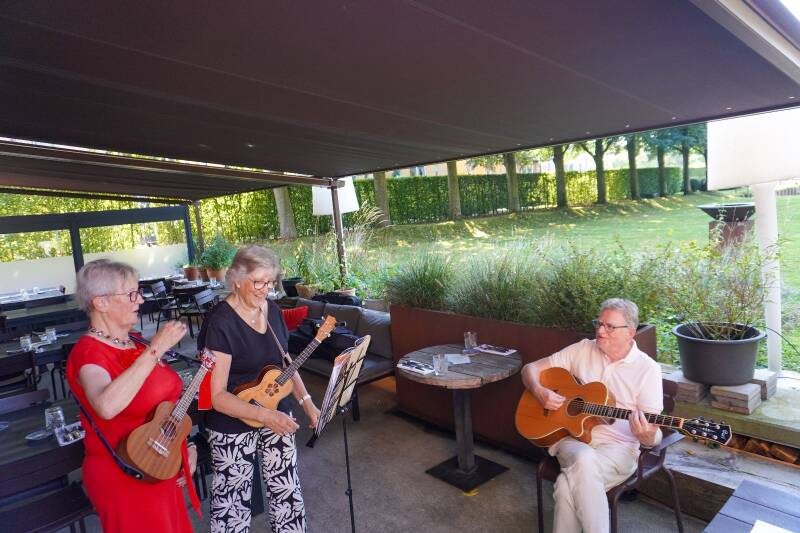 Verjaardagsfeest samen met ukelele spelende gasten