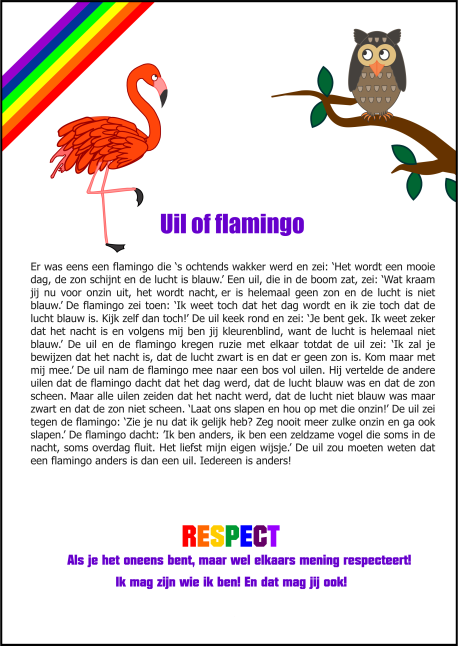 Gratis moraal verhaal 'Uil en flamingo'
