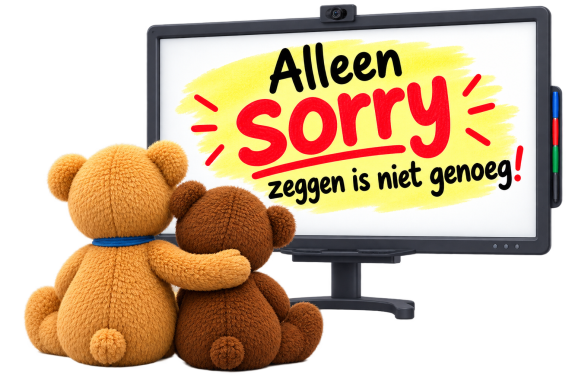 Beertjes kijken naar een digibord over sorry zeggen en iets goedmaken