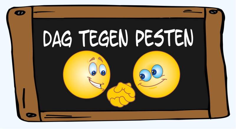 Schoolbord afbeelding voor de Dag tegen Pesten op school met twee samenwerkende smileys als symbool voor respect en sociale veiligheid