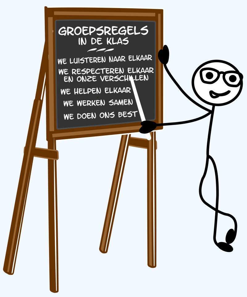 Illustratie met vijf groepsregels in de klas voor respect, samenwerking en een positief klassenklimaat.