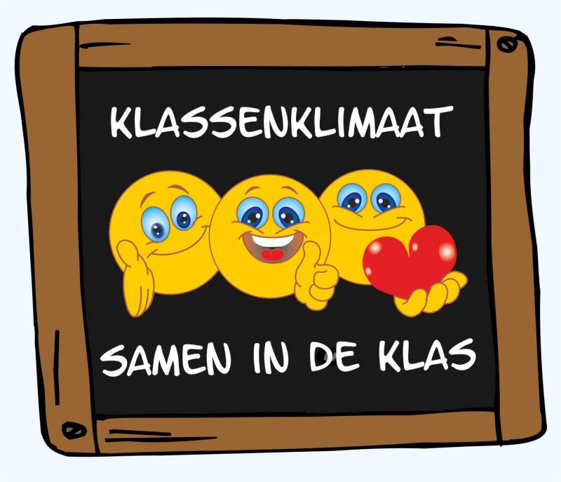 Schoolbord afbeelding over groepsvorming en klassenklimaat met vrolijke smileys en positieve sfeer in de klas