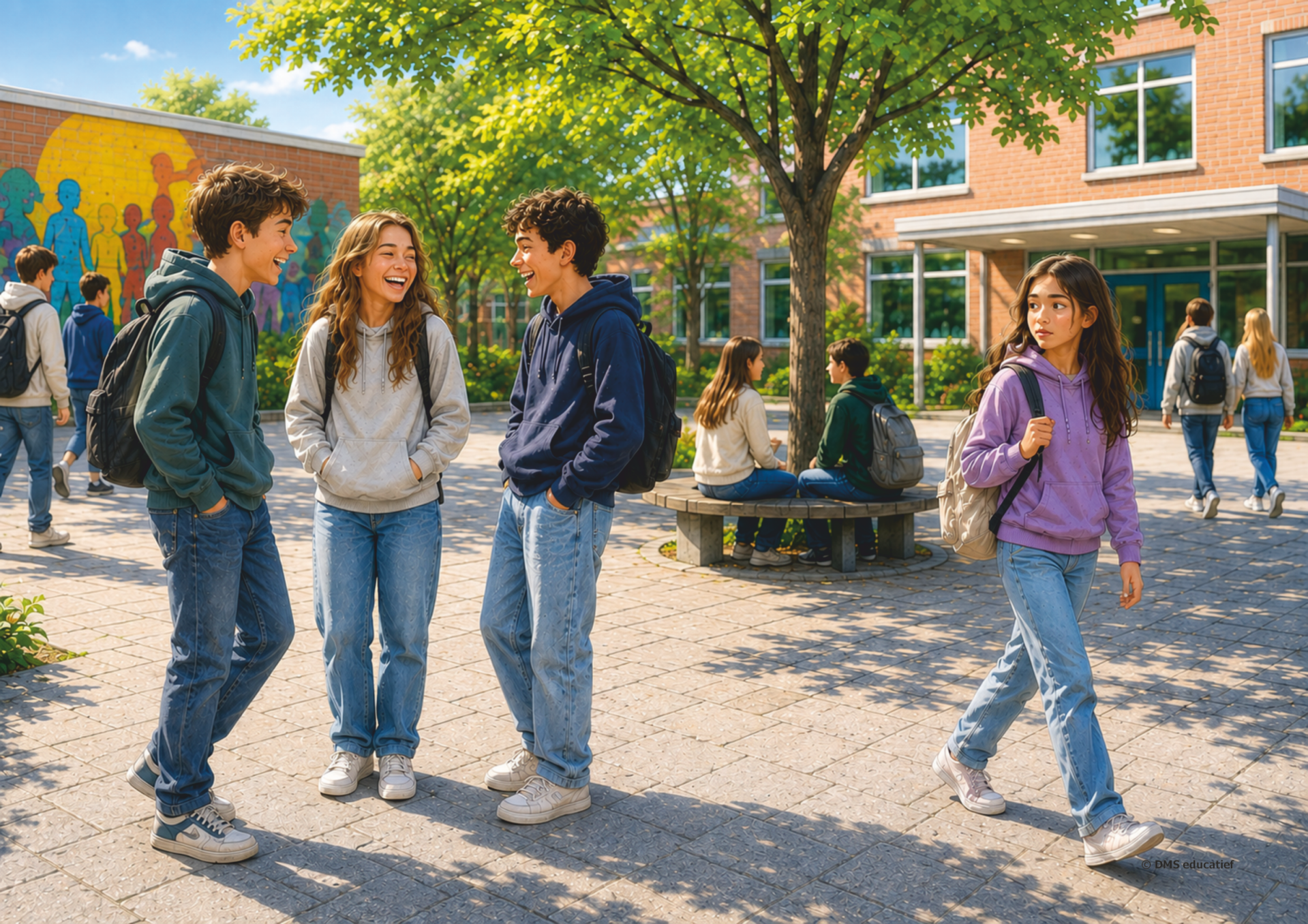 Drie leerlingen lachen samen op het schoolplein terwijl een andere leerling alleen langsloopt en naar de groep kijkt.