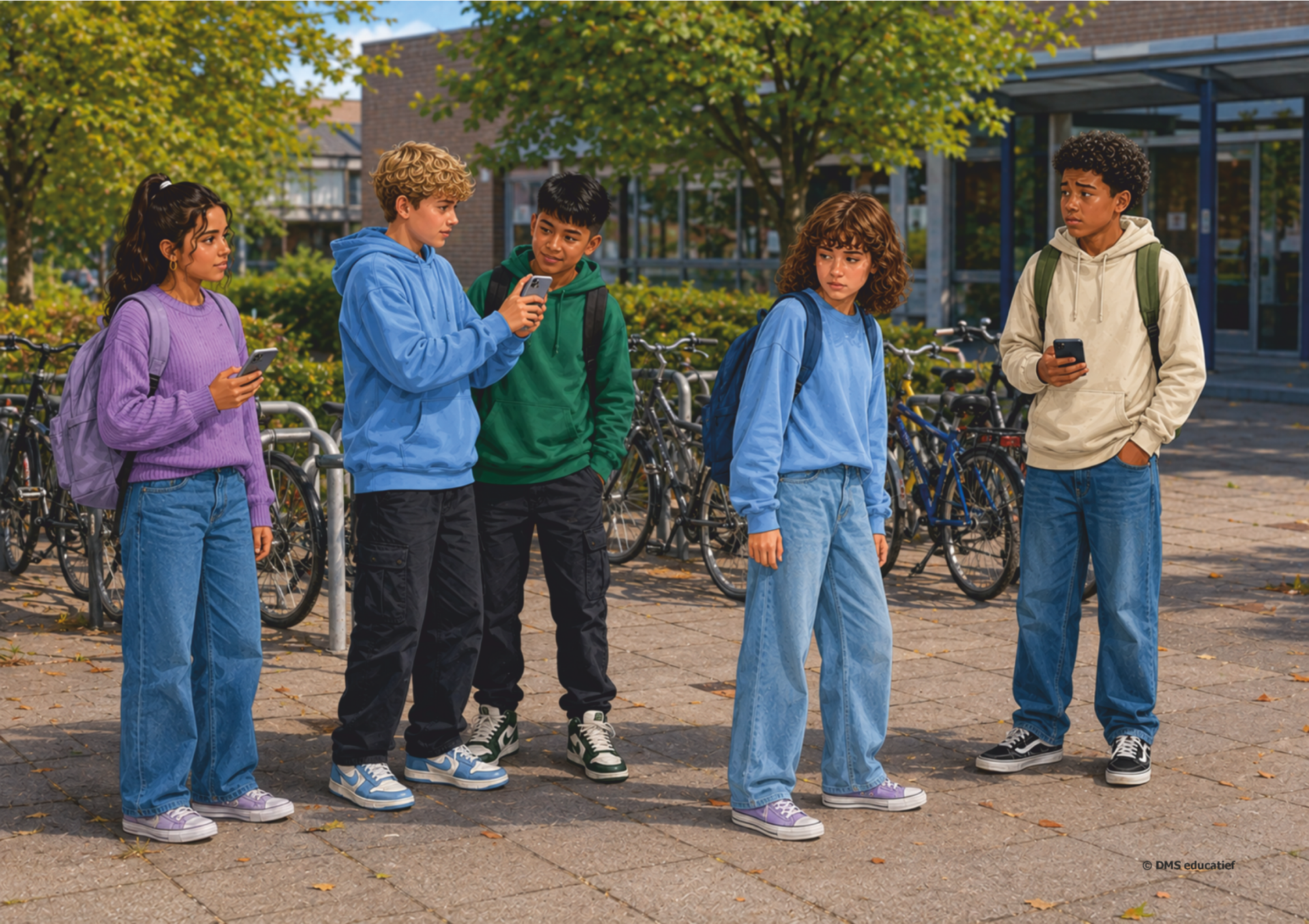 Drie leerlingen lachen samen op het schoolplein terwijl een andere leerling alleen langsloopt en naar de groep kijkt.