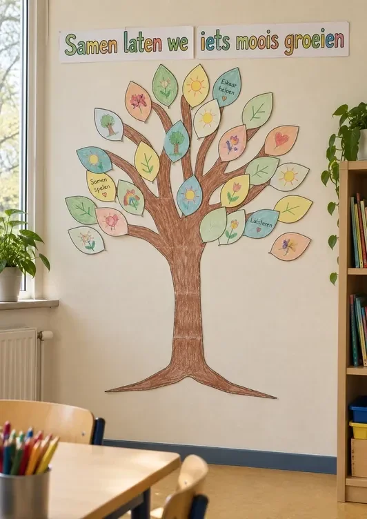 Papieren klassenboom met gekleurde bladeren vol tekeningen en de tekst ‘Samen laten we iets moois groeien’ aan de muur van een klaslokaal.