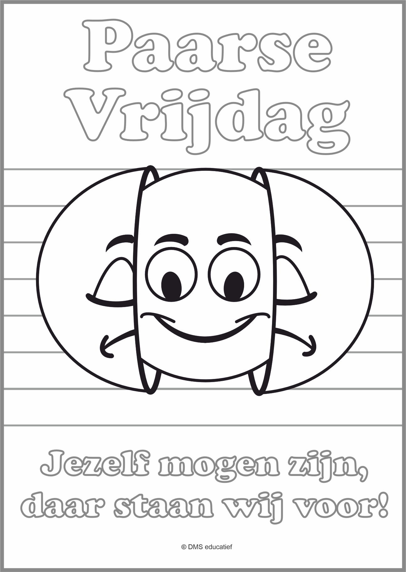 Gratis kleurplaat Paarse Vrijdag voor de basisschool over jezelf mogen zijn, inclusie, respect en diversiteit.l