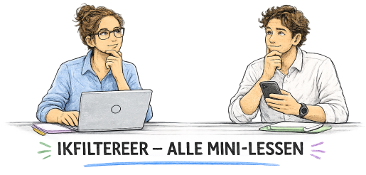 Overzicht van de IKFILTEREER mini-lessen over mediawijsheid en online gedrag.