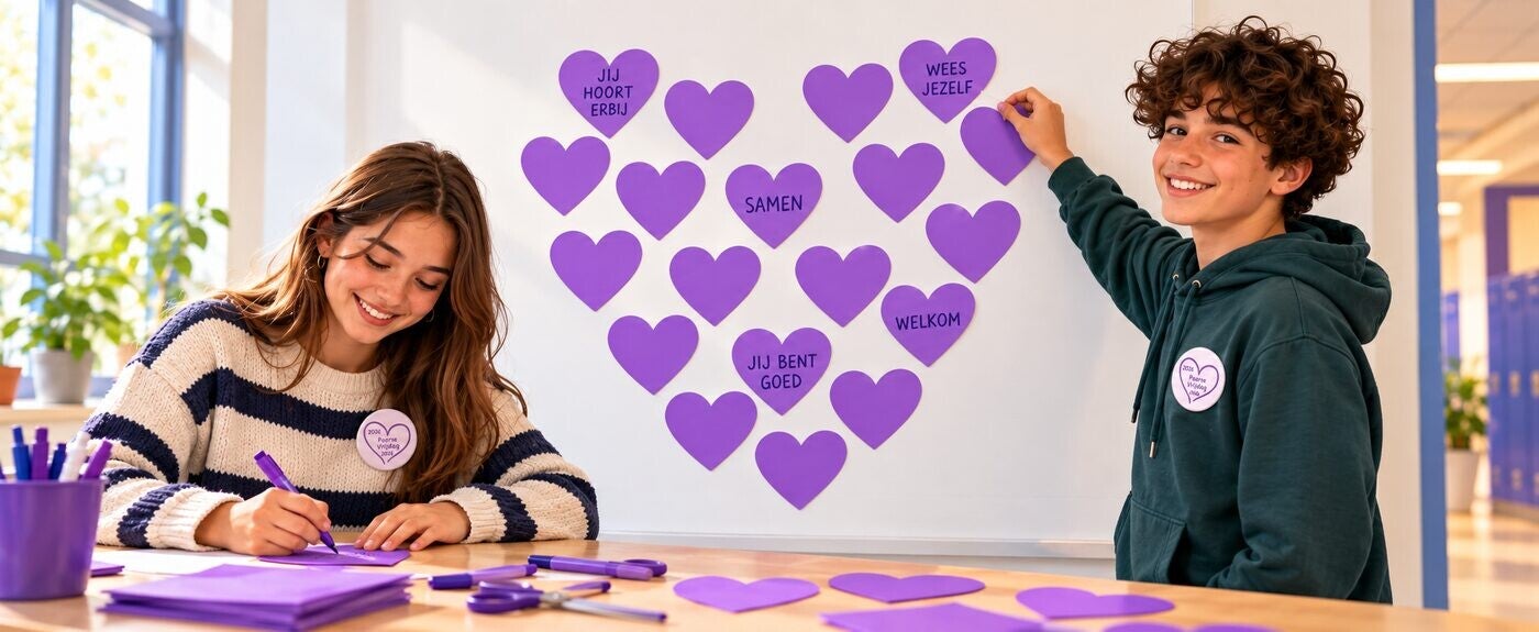 Twee leerlingen maken een paarse hartjesmuur en dragen Paarse Vrijdag-buttons