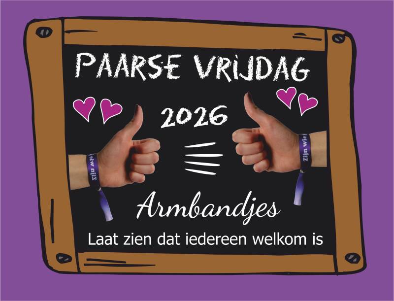 Illustratie van Paarse Vrijdag 2026 armbandjes voor school met paarse polsbandjes, hartjes en schoolbordstijl rond inclusie en respect.