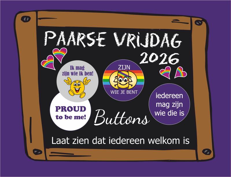 Illustratie van Paarse Vrijdag 2026 buttons voor school met regenboogbuttons, paarse buttons en schoolbordstijl rond inclusie en jezelf mogen zijn.