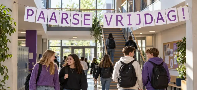 Gratis Paarse Vrijdag banner met paarse letters op witte A4-vellen