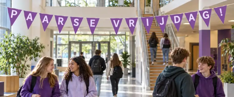 Gratis Paarse Vrijdag vlaggenlijn met paarse vlaggetjes en witte letters