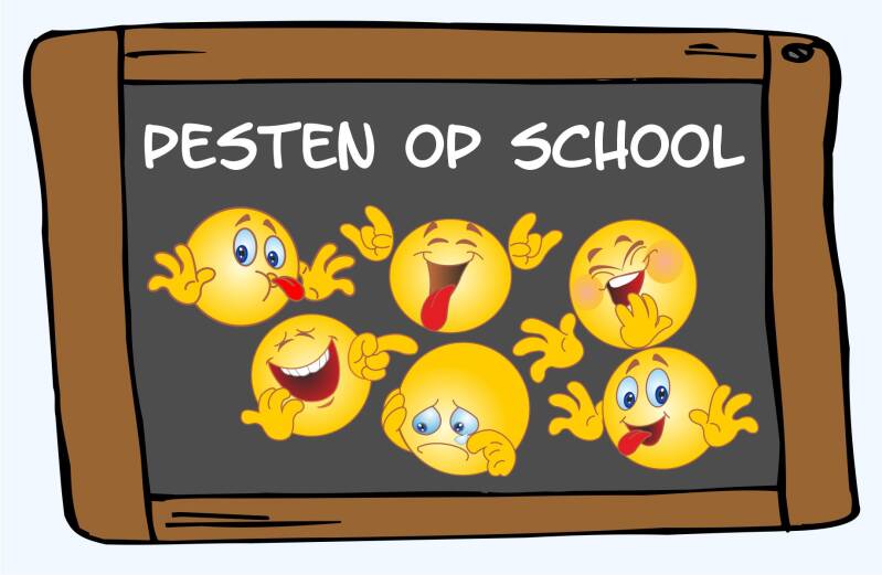Poster over pesten op school met smileys die verschillende emoties tonen op een schoolbord