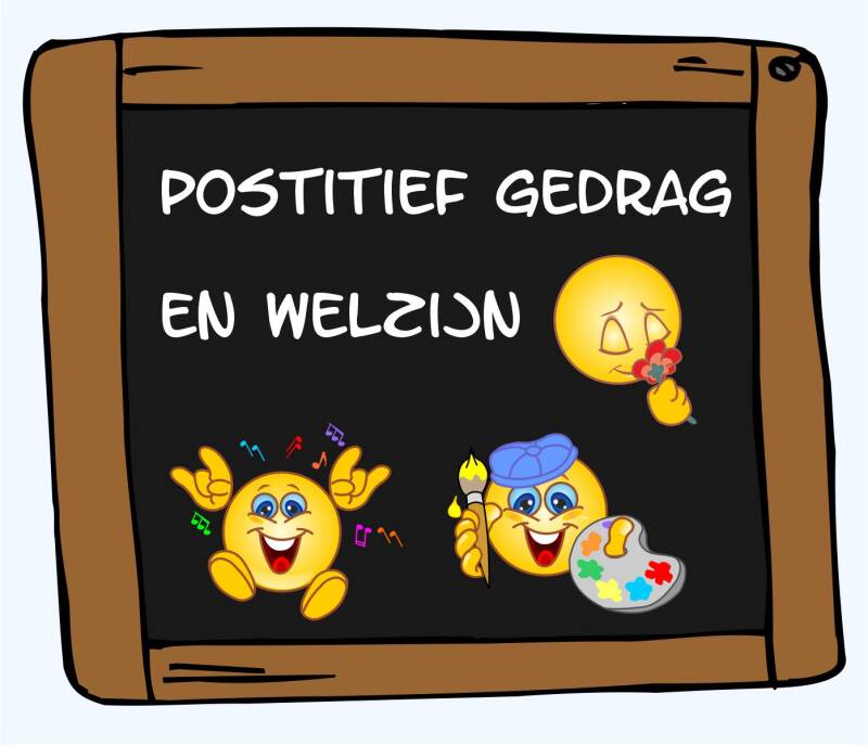 Schoolbord afbeelding over positief gedrag en welzijn met vrolijke smileys, creativiteit en beweging in de klas