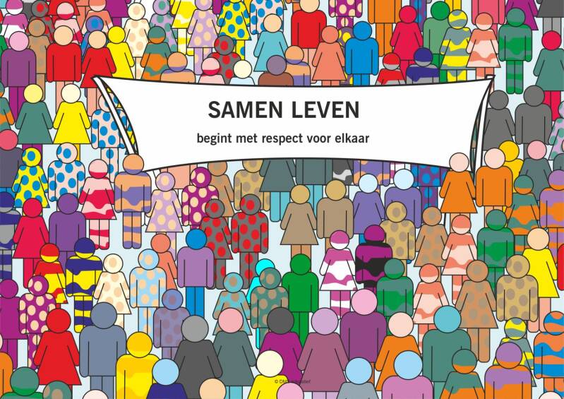Poster ‘Samen Leven’ over respect, inclusie en samenleven op school met kleurrijke figuren van verschillende mensen