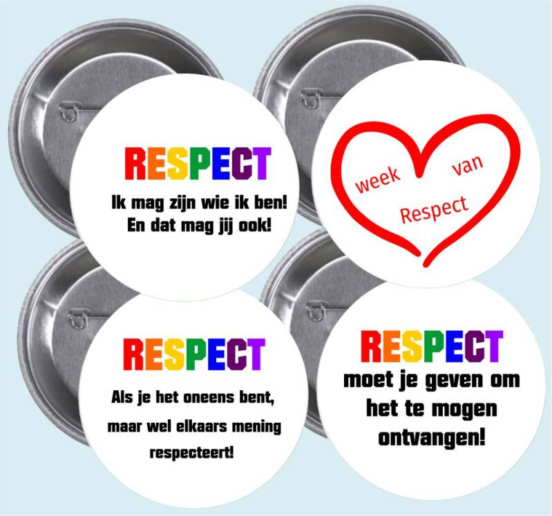 Set van respectbuttons voor school met teksten over respect, acceptatie en omgaan met verschillen