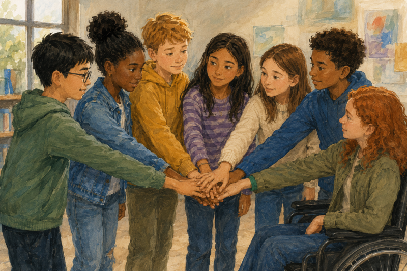 Diverse groep leerlingen werkt samen en laat zien dat iedereen erbij hoort