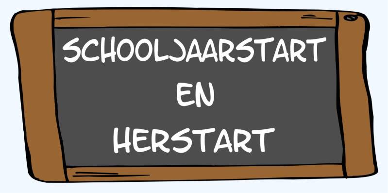Schoolbord met de tekst Schooljaarstart en herstart voor groepsvorming, afspraken en een positieve start van de klas.