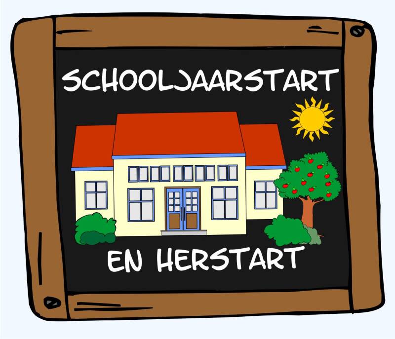 Schoolbord afbeelding over schooljaarstart en herstart met schoolgebouw, zon en boom voor groepsvorming en een positieve start op school