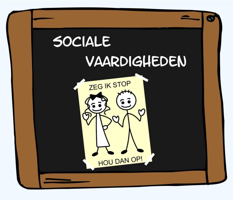 Schoolbord afbeelding over sociaal-emotionele vaardigheden met smileys, gevoelens en samenwerken in de klas